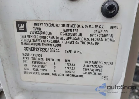 2002 Chevrolet Avalanche 1500 из США, поврежденный, VIN 3GNEK13T32G108744